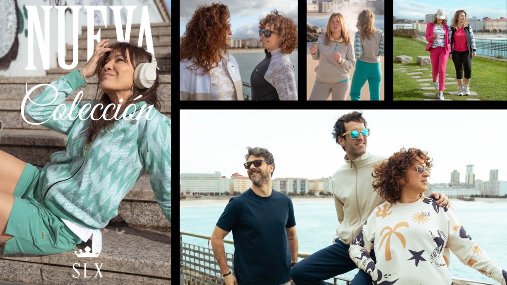 Colage de fotos de la nueva coleción primavera verano , donde aparecen chichas y chicos en un paisaje con mar y verde